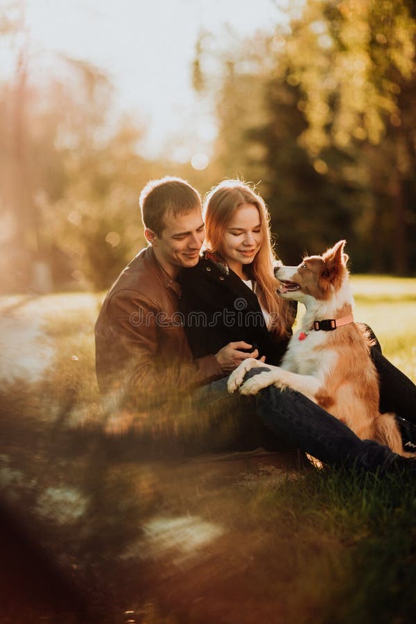 Śliczny cuple z psim Border collie na zieleni polu w parku pod drzewem w świetle słonecznym zdjęcie royalty free Śliczny cuple z psim Border collie na zieleni polu w parku pod drzewem w świetle słonecznym zdjęcie royalty free
