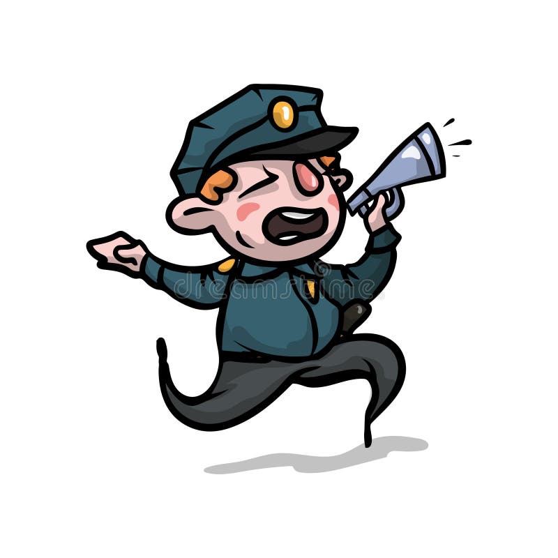 Śliczny działający policjanta mówienie w megafonie uliczni ludzie royalty ilustracja Śliczny działający policjanta mówienie w megafonie uliczni ludzie royalty ilustracja