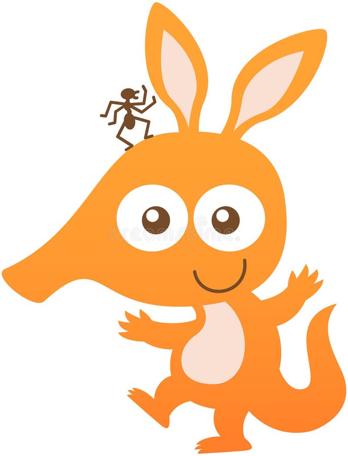 Śliczny dziecka aardvark ono uśmiecha się i powitanie podczas gdy mieć mrówki na swój głowie ilustracja wektor
