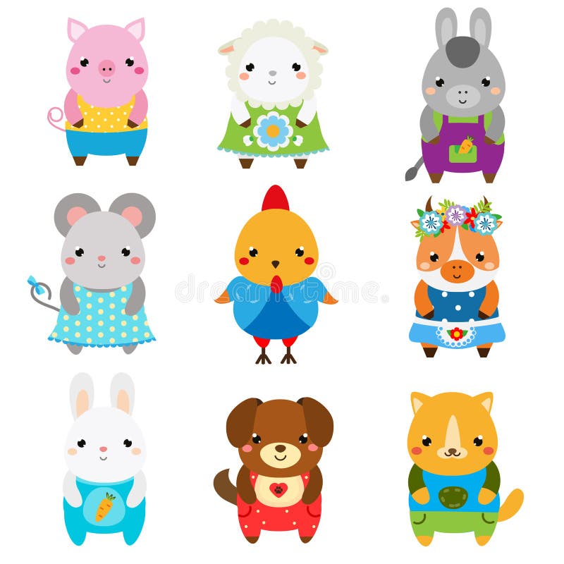 Śliczny gospodarstwo rolne Kreskówki kawaii zwierze domowy ustawiający ilustracja wektor