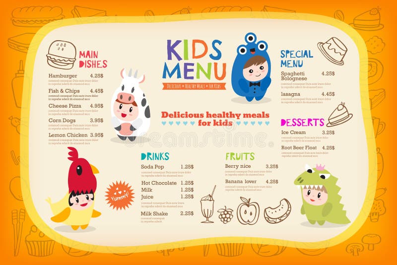 Śliczny kolorowy dzieciaka posiłku menu szablon ilustracja wektor Śliczny kolorowy dzieciaka posiłku menu szablon ilustracja wektor