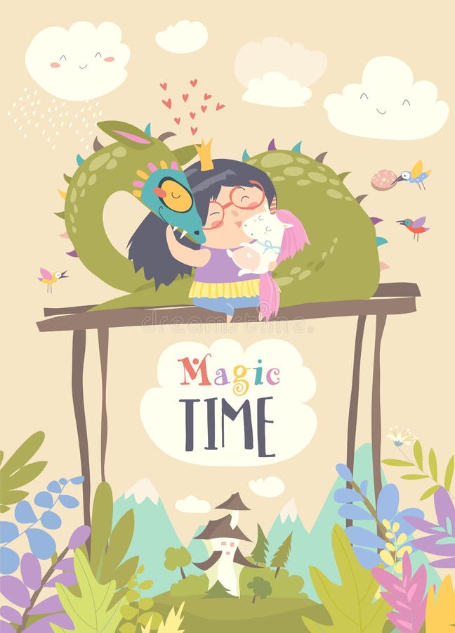 Śliczny kreskówka smok, jednorożec i mały princess ilustracja wektor