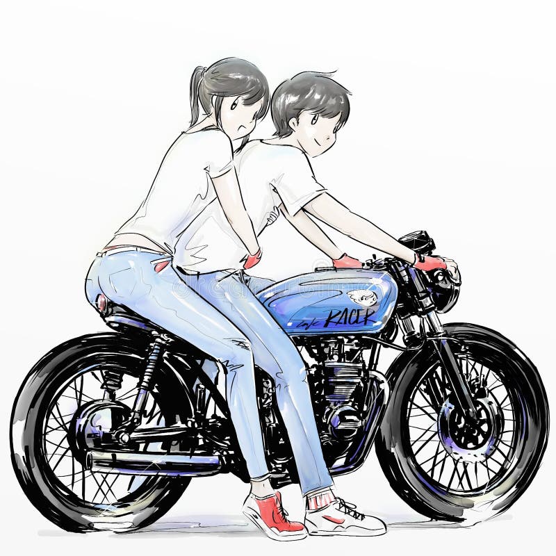 Śliczny kreskówki chłopiec andgirl jedzie jej motocykl
