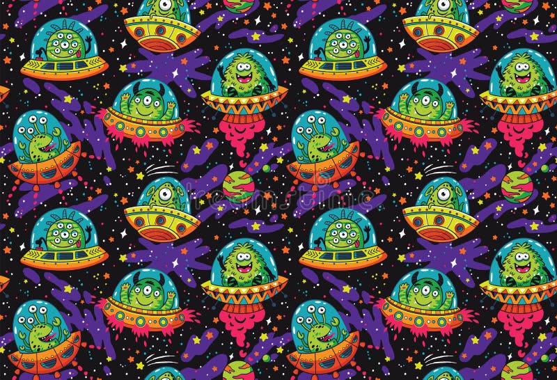 Śliczny kreskówki UFO w astronautycznym bezszwowym wzorze również zwrócić corel ilustracji wektora ilustracja wektor