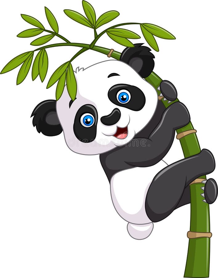 Śliczny śmieszny dziecko pandy obwieszenie na bambusowym drzewie