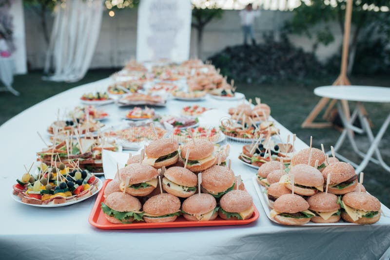 Ślubny bufet z różnorodnymi przekąskami i hamburgerami w naturze zdjęcia royalty free Ślubny bufet z różnorodnymi przekąskami i hamburgerami w naturze zdjęcia royalty free