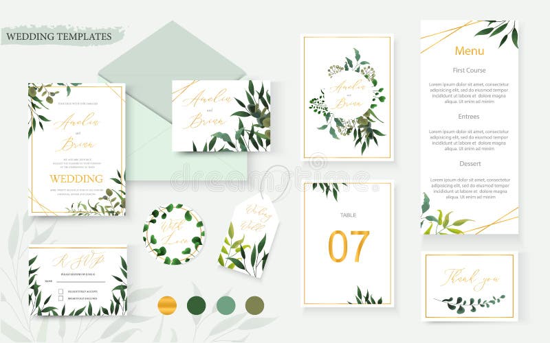 Ślubny kwiecisty złocisty zaproszenie karty koperty save daktylowy rsvp menu stół ilustracji