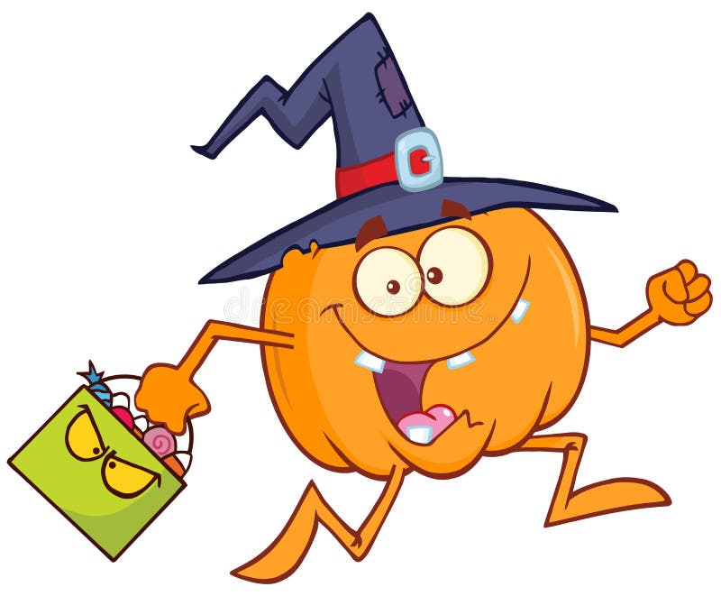 śmieszna postać z kreskówki czarownicy biegnąca z koszykiem cukierków halloween ilustracja wektor