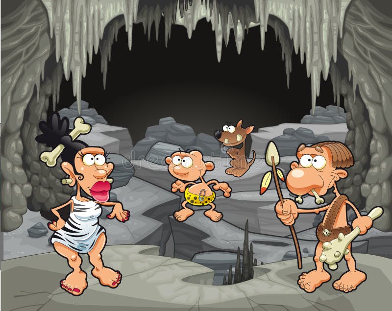 Śmieszna prehistoryczna rodzina w cavern. royalty ilustracja Śmieszna prehistoryczna rodzina w cavern. royalty ilustracja