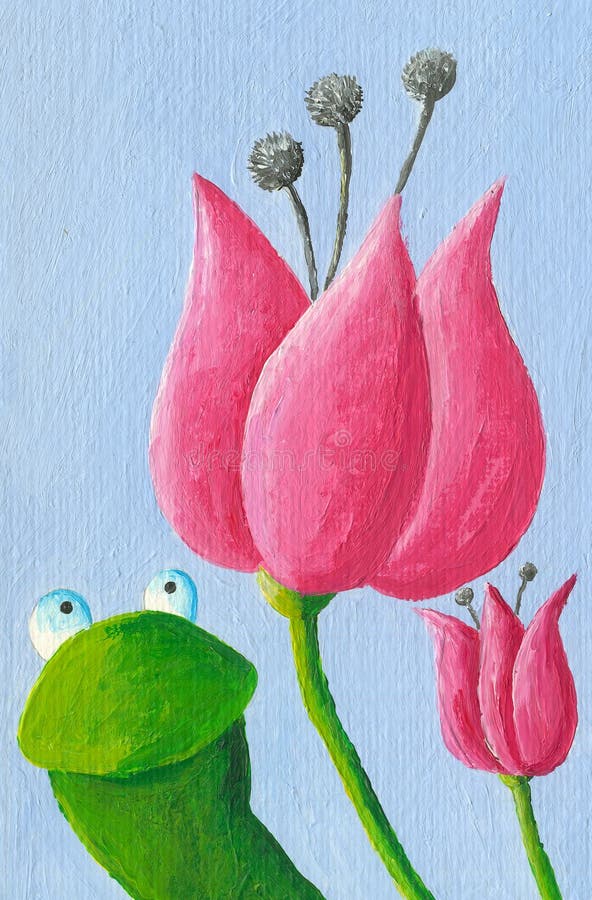 Acrylic illustration of funny frog and tulips. Acrylic illustration of funny frog and tulips