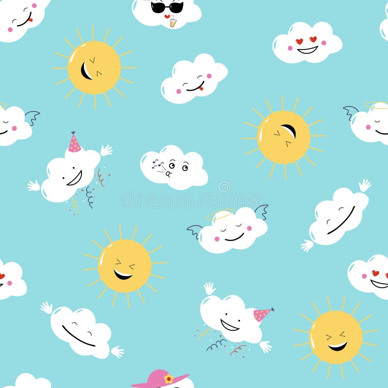 Śmieszne emoji chmury, słońce i wektor bezszwowy wzoru royalty ilustracja