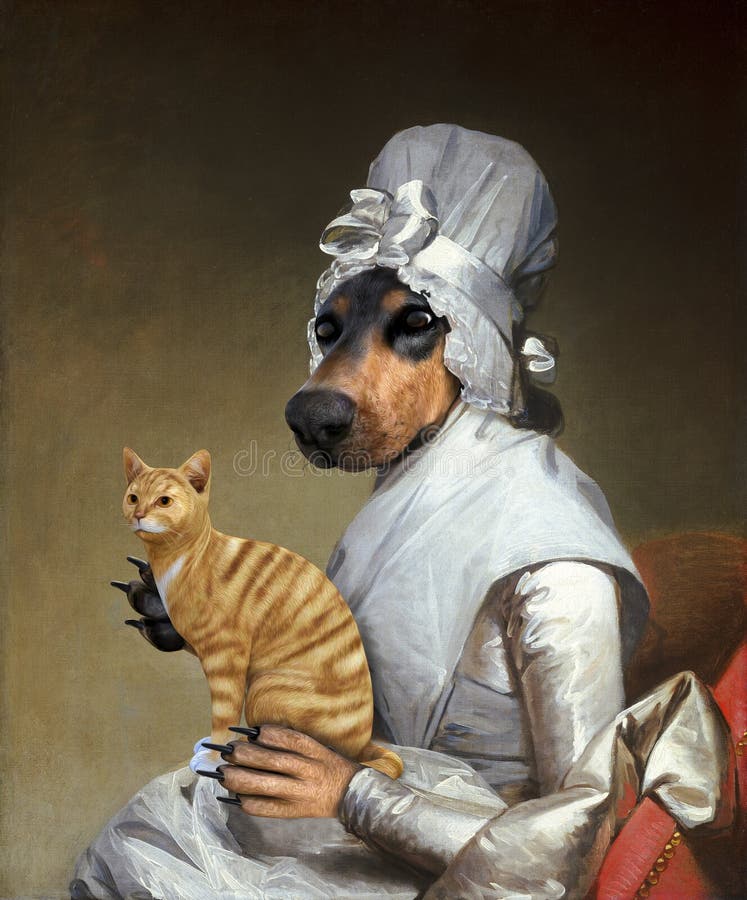 Śmieszny kot, pies, Surrealistyczny obraz olejny