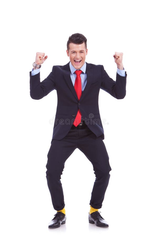 Śmieszny przyglądający biznesowego mężczyzna wygranie zdjęcie stock Śmieszny przyglądający biznesowego mężczyzna wygranie zdjęcie stock