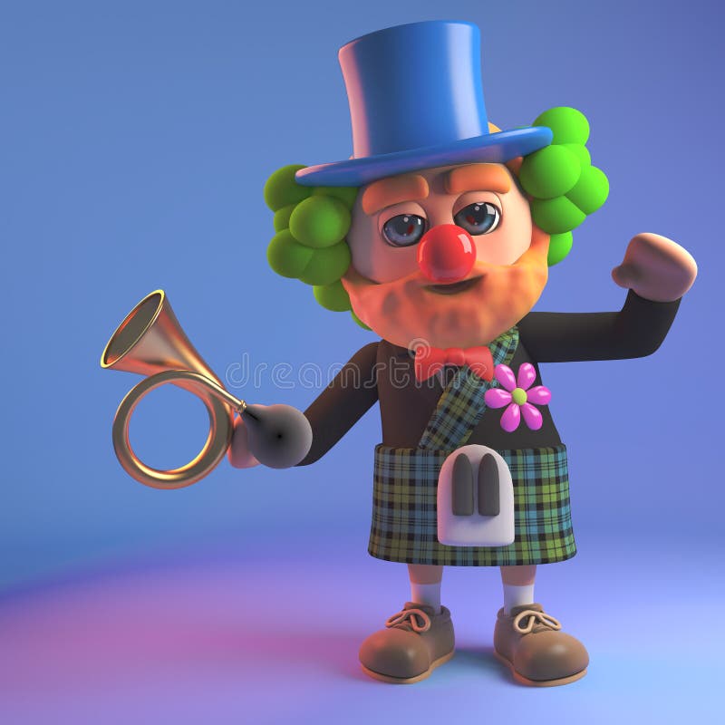 Śmieszny Szkocki mężczyzna w kilt ubiera jako błazen z samochodowym rogiem, 3d ilustracja royalty ilustracja Śmieszny Szkocki mężczyzna w kilt ubiera jako błazen z samochodowym rogiem, 3d ilustracja royalty ilustracja