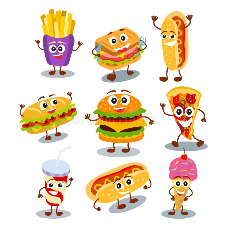 Śmieszny, śliczny fasta food hamburger, kanapka, hot dog, pizza, lodowy c royalty ilustracja Śmieszny, śliczny fasta food hamburger, kanapka, hot dog, pizza, lodowy c royalty ilustracja