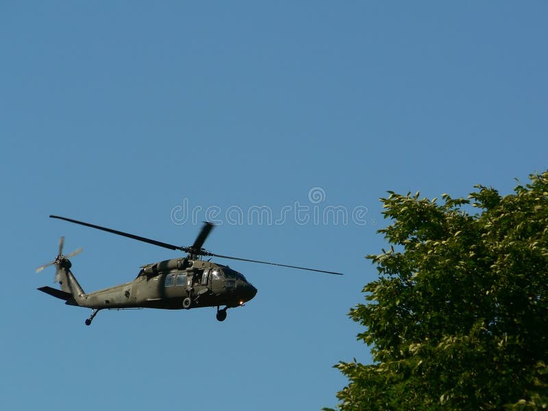 U.S. military helicopter hovering above the tree line. U.S. military helicopter hovering above the tree line.