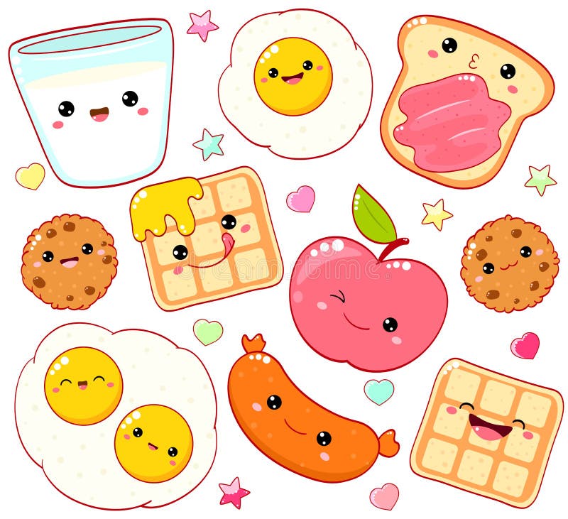 śniadanie. zestaw słodkich ikon żywności w stylu kawaii do słodkiego projektowania royalty ilustracja