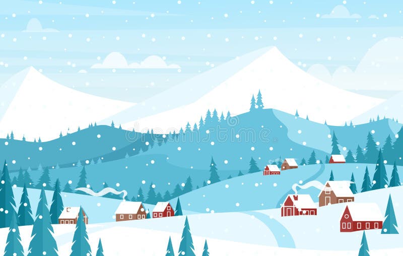 Snowing in mountains landscape flat vector illustration. Beautiful winter season view on hills with small country houses and trees. Snowy peaks. Christmas festive background. Ski resort. Snowing in mountains landscape flat vector illustration. Beautiful winter season view on hills with small country houses and trees. Snowy peaks. Christmas festive background. Ski resort