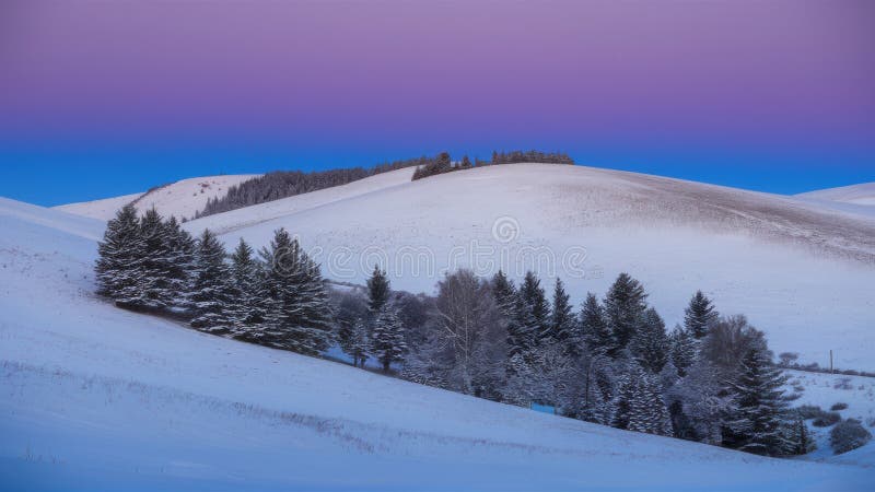 śnieżne wzgórze pokryte drzewami i fioletowym niebem ai fotografia stock