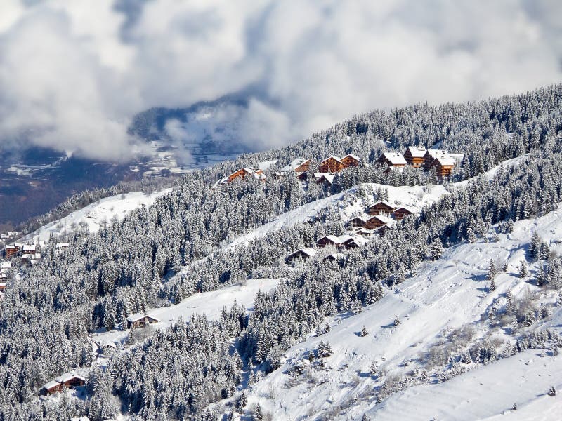 Snowy landscape with ski chalets, Meribel, the Alps, France. Snowy landscape with ski chalets, Meribel, the Alps, France