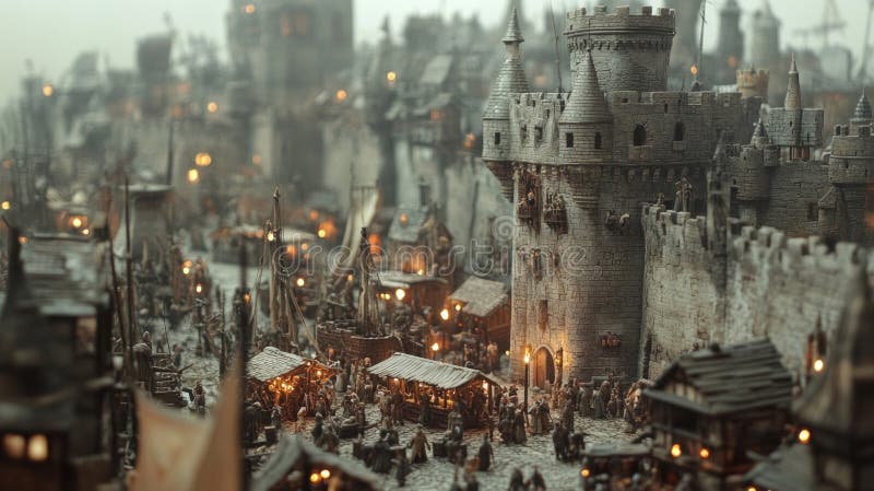 Średniowieczne miasto modelu nocą z kamieniami i portem royalty ilustracja