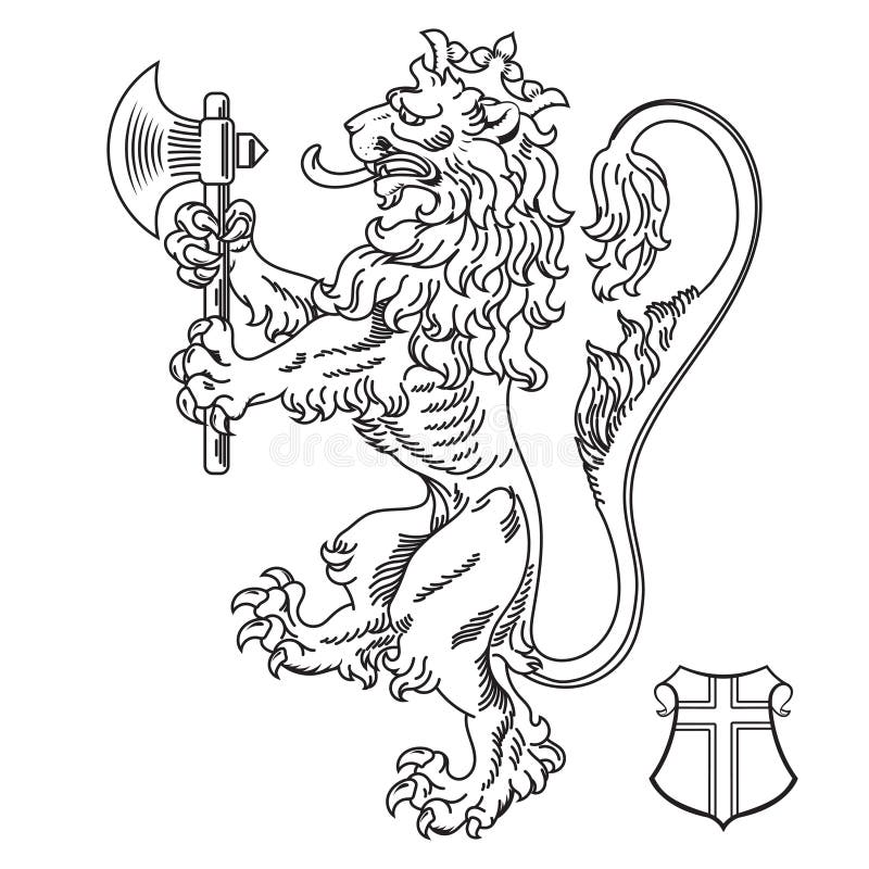 Średniowieczny heraldyczny heraldyczny heraldyczny heraldyczny heraldyczny heraldyczny lwik trzymający siekierę w przednich łapac ilustracja wektor