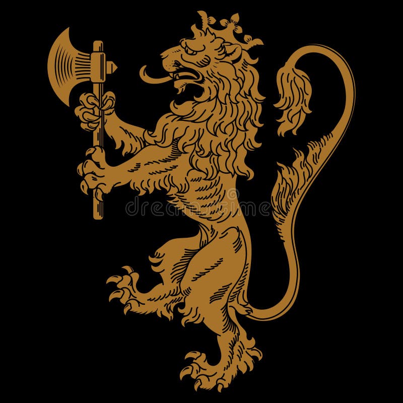 Średniowieczny heraldyczny heraldyczny heraldyczny heraldyczny heraldyczny heraldyczny lwik trzymający siekierę w przednich łapac ilustracji