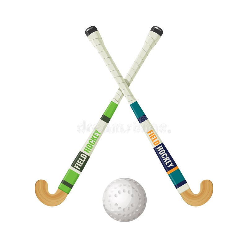 Field hockey equipment and small ball. Game played between two teams who use hooked sticks to drive small hard object toward goals isolated on vector illustration. Field hockey equipment and small ball. Game played between two teams who use hooked sticks to drive small hard object toward goals isolated on vector illustration