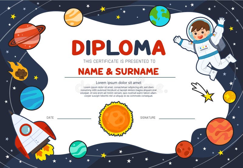 Astronaut in cosmos with spaceship stars and planets. Education preschool concept. Certificate kids diploma, kindergarten template layout space background.Template for Certificate kids diploma. Astronaut in cosmos with spaceship stars and planets. Education preschool concept. Certificate kids diploma, kindergarten template layout space background.Template for Certificate kids diploma.