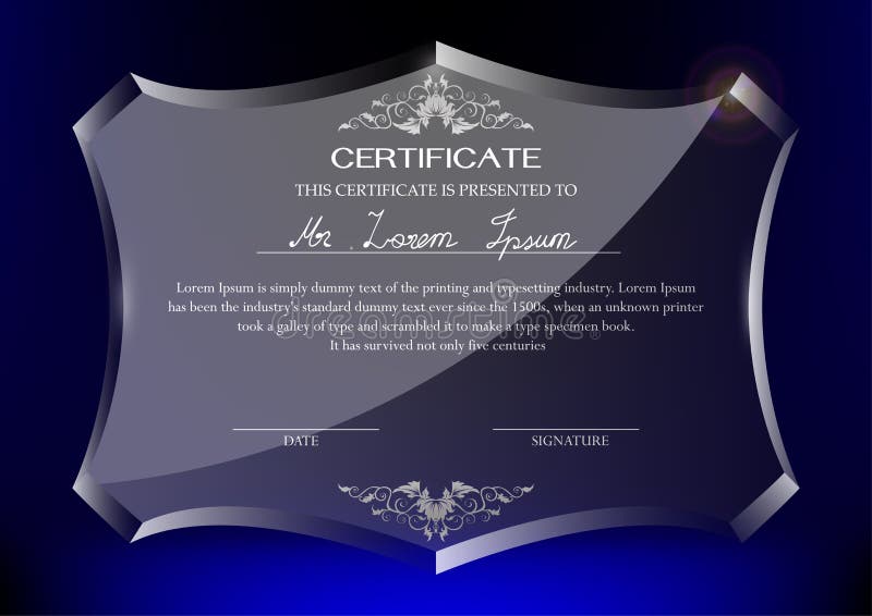 Certificate on glass trophy on blue background. Certificate on glass trophy on blue background