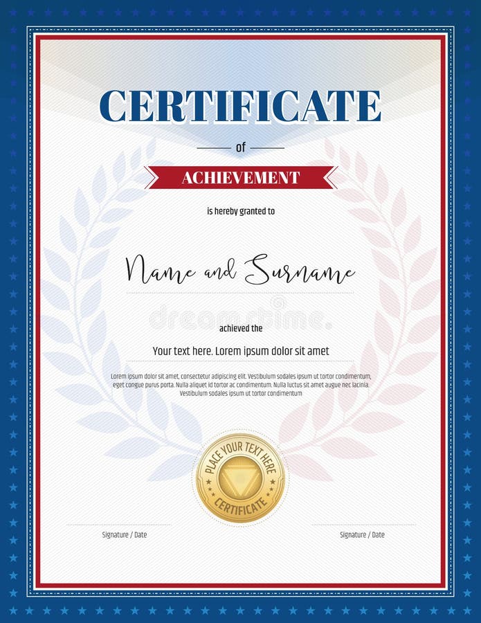 Certificate of achievement template in red and blue border, laurel backgroud and gold seal. Certificate of achievement template in red and blue border, laurel backgroud and gold seal