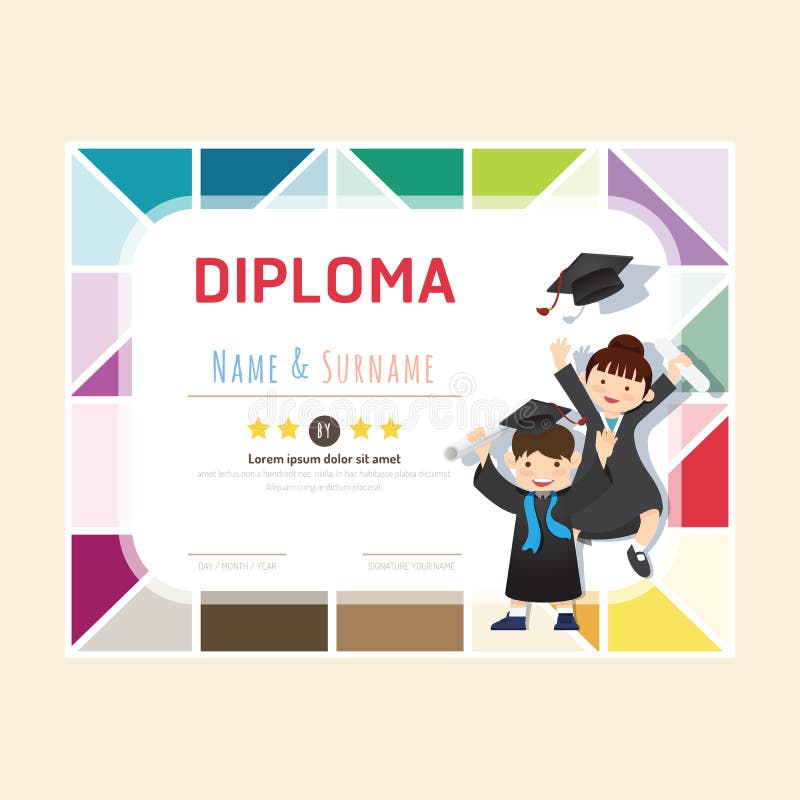 Certificate kids diploma, kindergarten template layout background frame design vector. education preschool concept flat art style. Certificate kids diploma, kindergarten template layout background frame design vector. education preschool concept flat art style