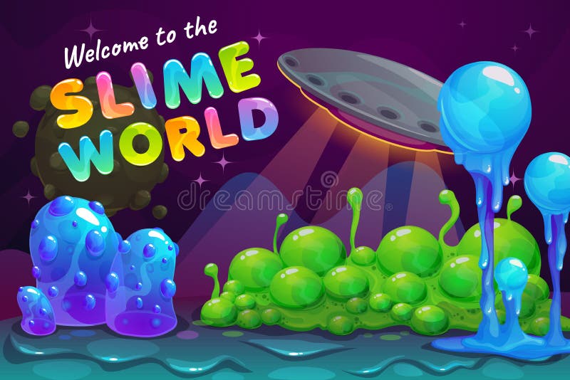 Świat śluzy w tle Fantasy obcy krajobraz z UFO i ślimnymi roślinami ilustracji