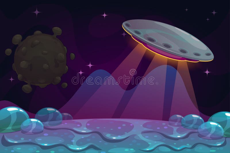 Świat śluzy w tle Fantasy obcy krajobraz z UFO i ślimym gruntem ilustracji