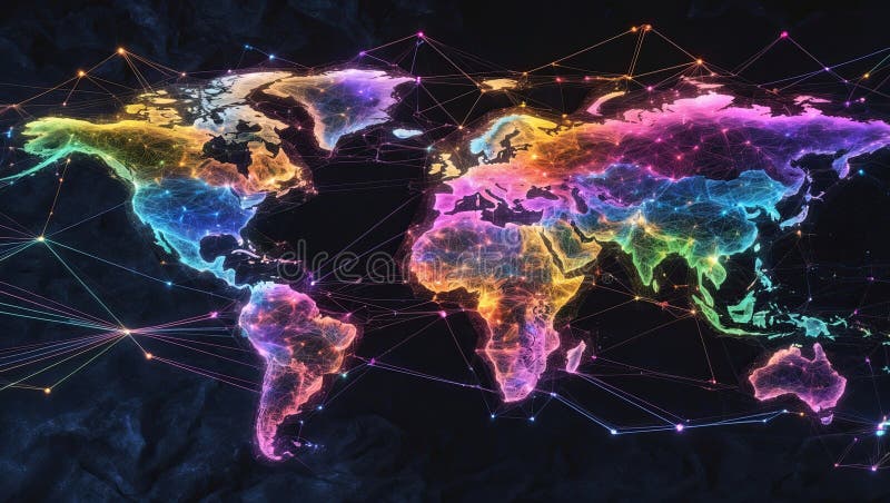 Światowa mapa połączeń sieciowych. Vibrant World Map of Global Network Connections Generated AI