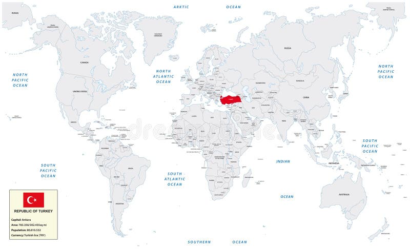 Światowa mapa z republiką Turcja, mały informacji pudełko i flaga, ilustracja wektor Światowa mapa z republiką Turcja, mały informacji pudełko i flaga, ilustracja wektor