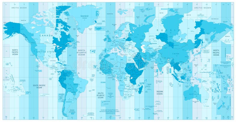 Światowa mapa z Standardowymi strefami czasowymi w kolorach błękit