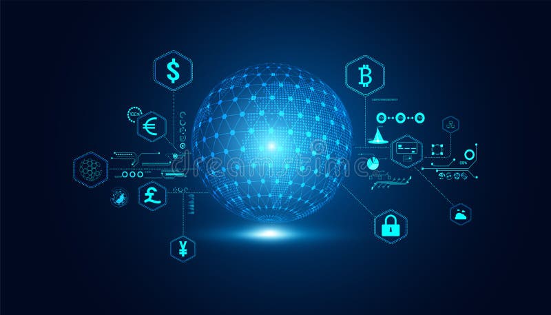 światowe finanse cyfrowe w świecie online składają się z różnych rodzajów walut. i prowadzenie działalności w Internecie ilustracji