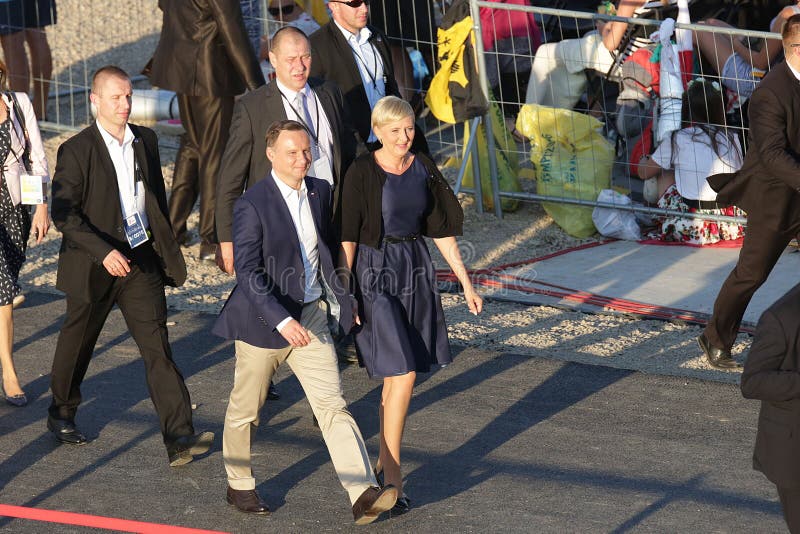 BRZEGI, POLAND - JULY 30, 2016: World Youth Day 2016 , Brzegi near Krakow o/p Andrzej Duda (president of Poland) with his wife Agata Duda. BRZEGI, POLAND - JULY 30, 2016: World Youth Day 2016 , Brzegi near Krakow o/p Andrzej Duda (president of Poland) with his wife Agata Duda