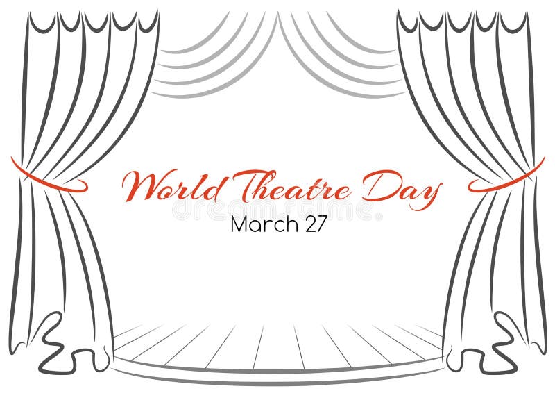 Światowego theatre dnia wektorowy kartka z pozdrowieniami z zasłonami i sceną ilustracji Światowego theatre dnia wektorowy kartka z pozdrowieniami z zasłonami i sceną ilustracji