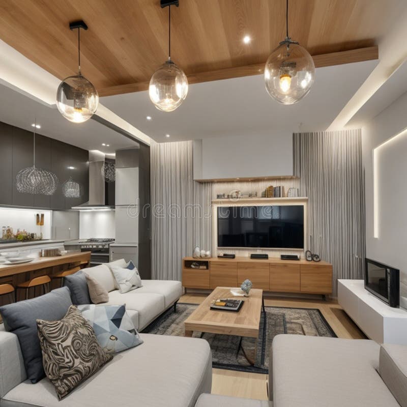 Pendant lights hanging on ceiling in modern kitchen and cushions arranged on sofa. Pendant lights hanging on ceiling in modern kitchen and cushions arranged on sofa