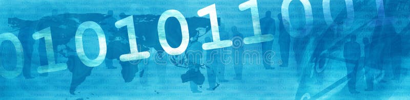 Light blue business header: clock, people, map, binary code. Light blue business header: clock, people, map, binary code