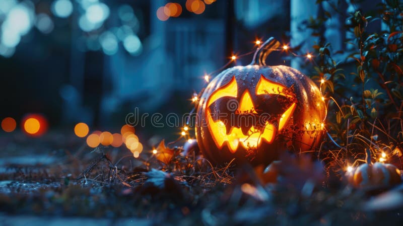 świecąca dynia umieszczona na trawiastym polu odpowiednim dla motywów halloween obraz stock