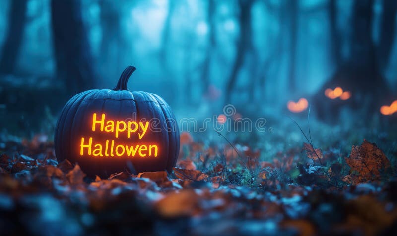 Świecąca dynia z radosną wiadomością Halloween w lesie Eerie obrazy stock