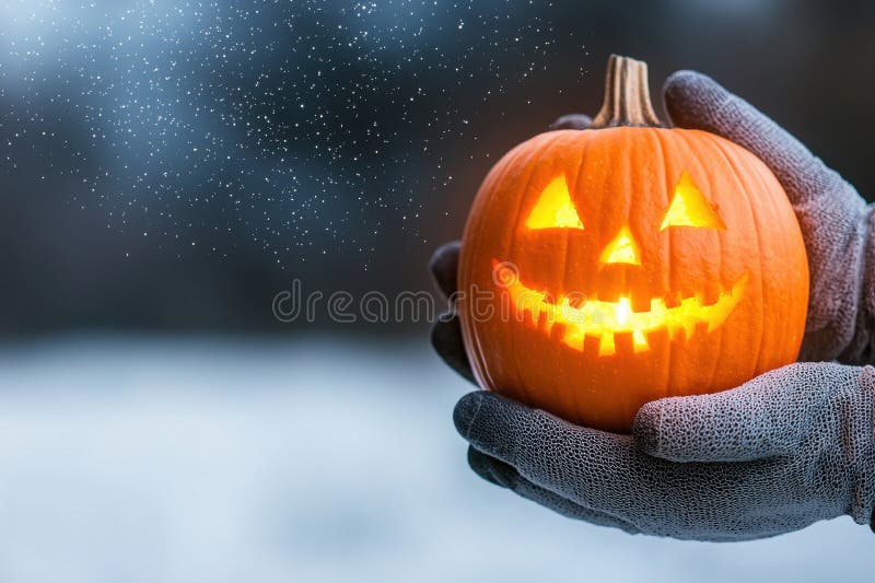 świecąca dynia z wesołą twarzą trzymaną w rękach rękawiczek idealnie nadaje się do halloween zdjęcia royalty free