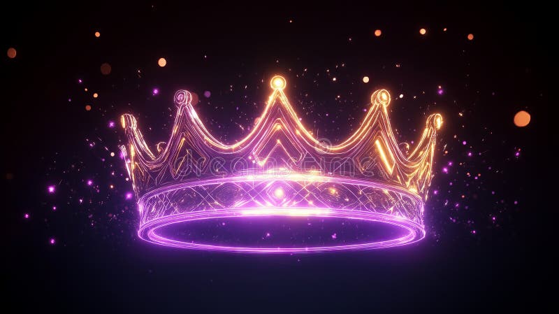 świecąca neonowa korona pływająca na ciemnym tle z cząstkami musującymi royalty ilustracja
