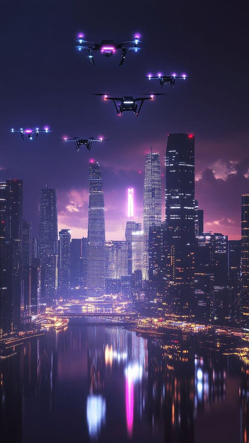 świecący system nadzoru dronów lecący nad futurystycznym miastem połączonym 5 g. royalty ilustracja