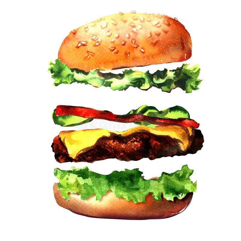 Świezi hamburgerów składniki, smakowity hamburger, świeży hamburger z sałatą, ser, pomidor, mięso, ogórek, babeczka, fast food ilustracja wektor