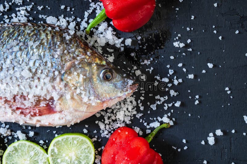 Świeża ryba tilapia z solą i podprawa dla gotować obrazy stock Świeża ryba tilapia z solą i podprawa dla gotować obrazy stock