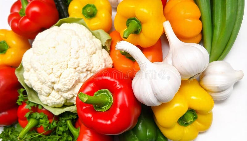 Świeże warzywa organiczne Tło z paprykami kalafiora Czosnek i zielone zioła na potrzeby zdrowego żywienia zdjęcia stock